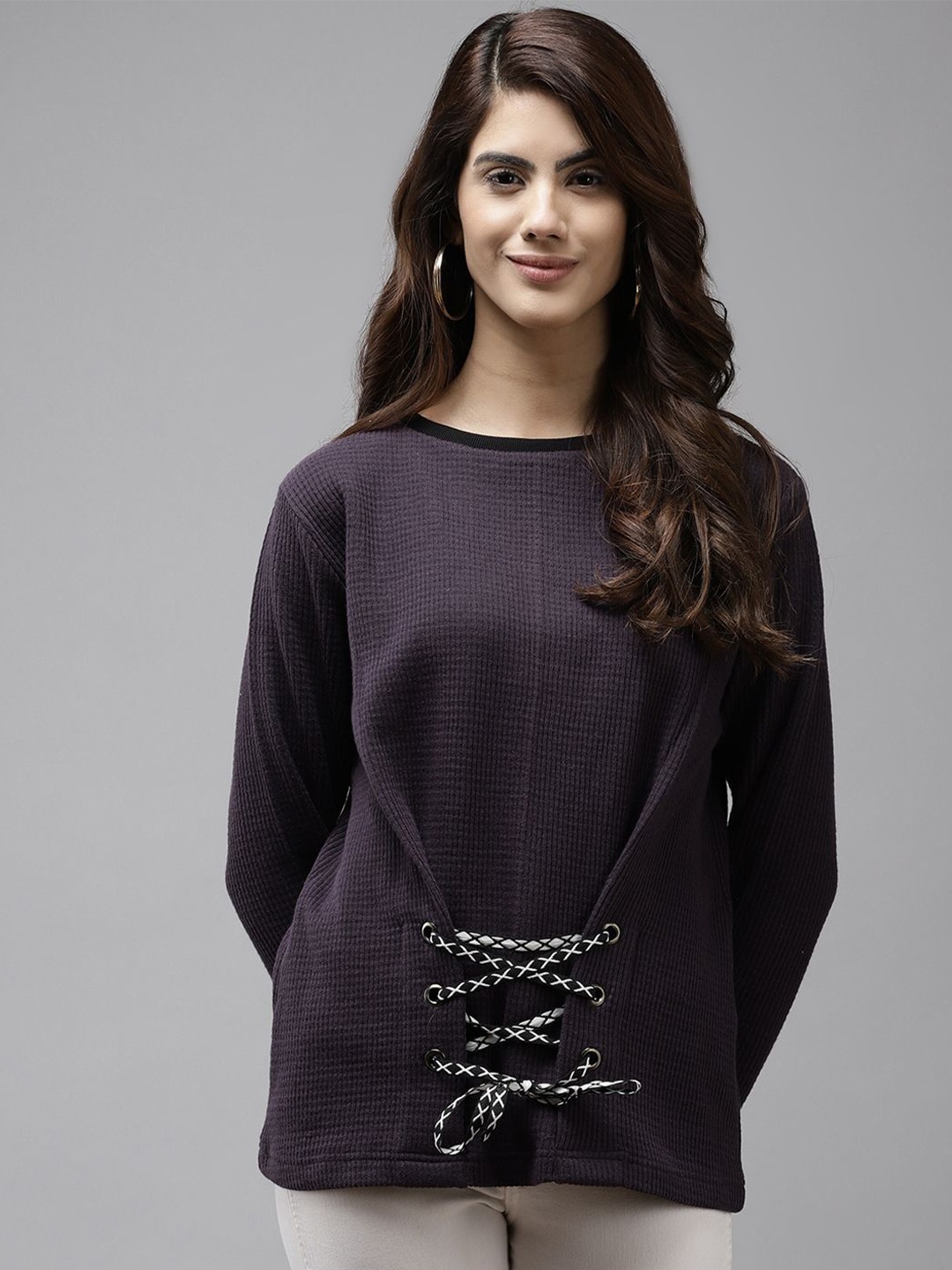 

Cayman Women Solid Round Neck Cotton Pullover Sweatshirt, Purple