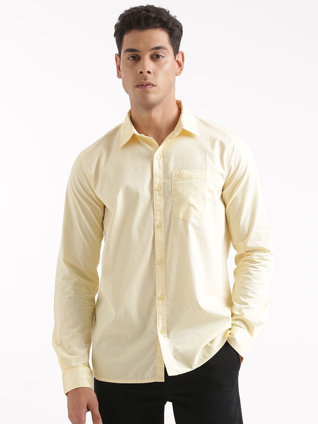 

WROGN Men Spread Collar Solid Cotton Casual Shirt, Yellow
