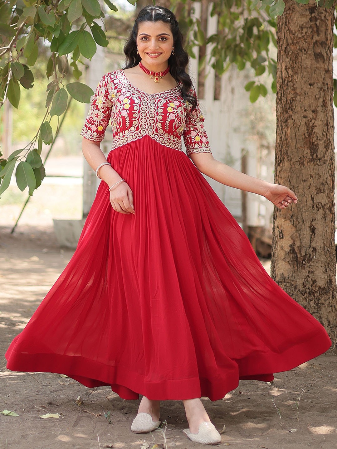 

KALINI Women Embroidered Sequin Georgette Anarkali Kurta, Red