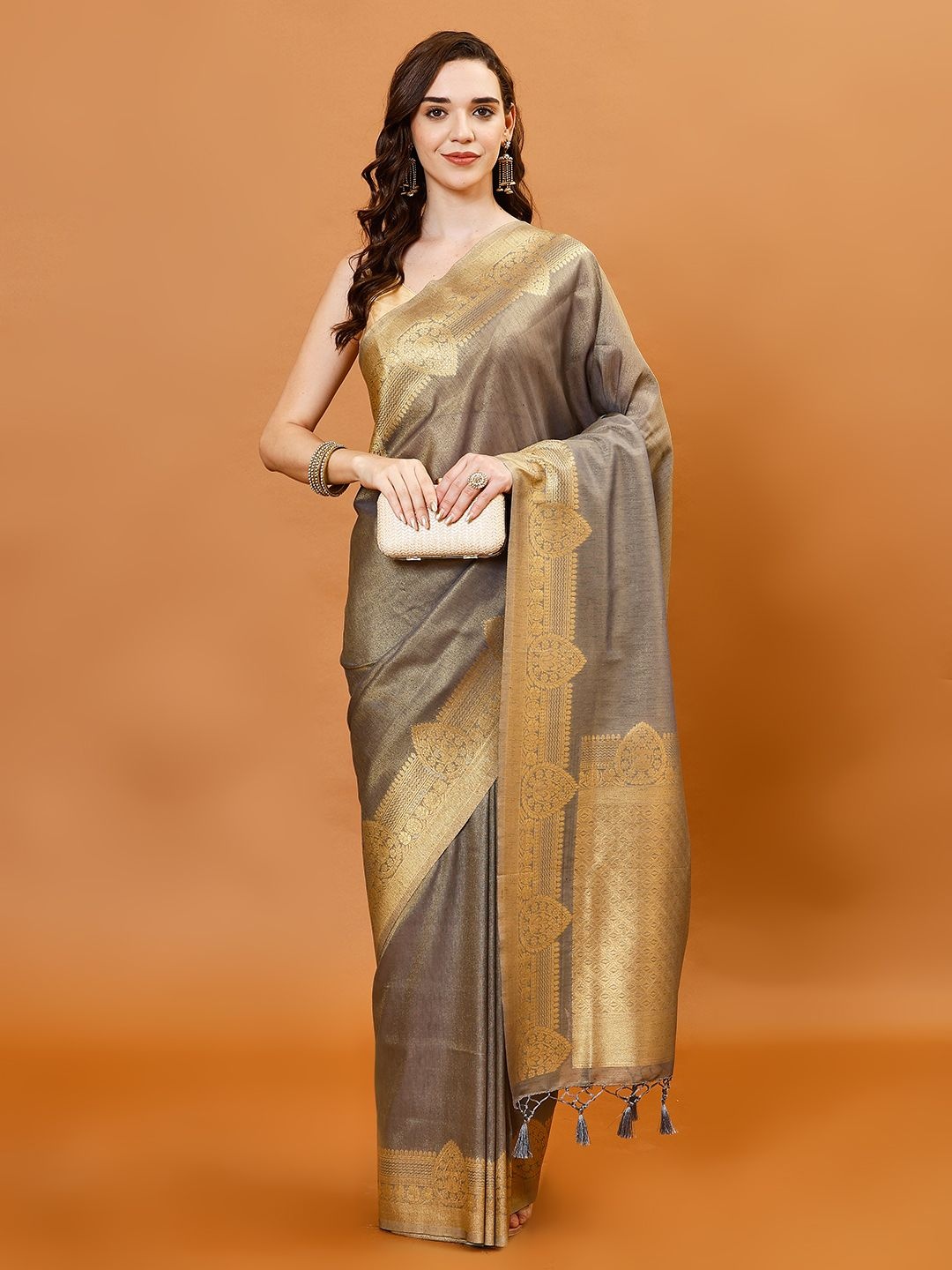 

Meena Bazaar Solid Zari Woven Design Saree, Grey