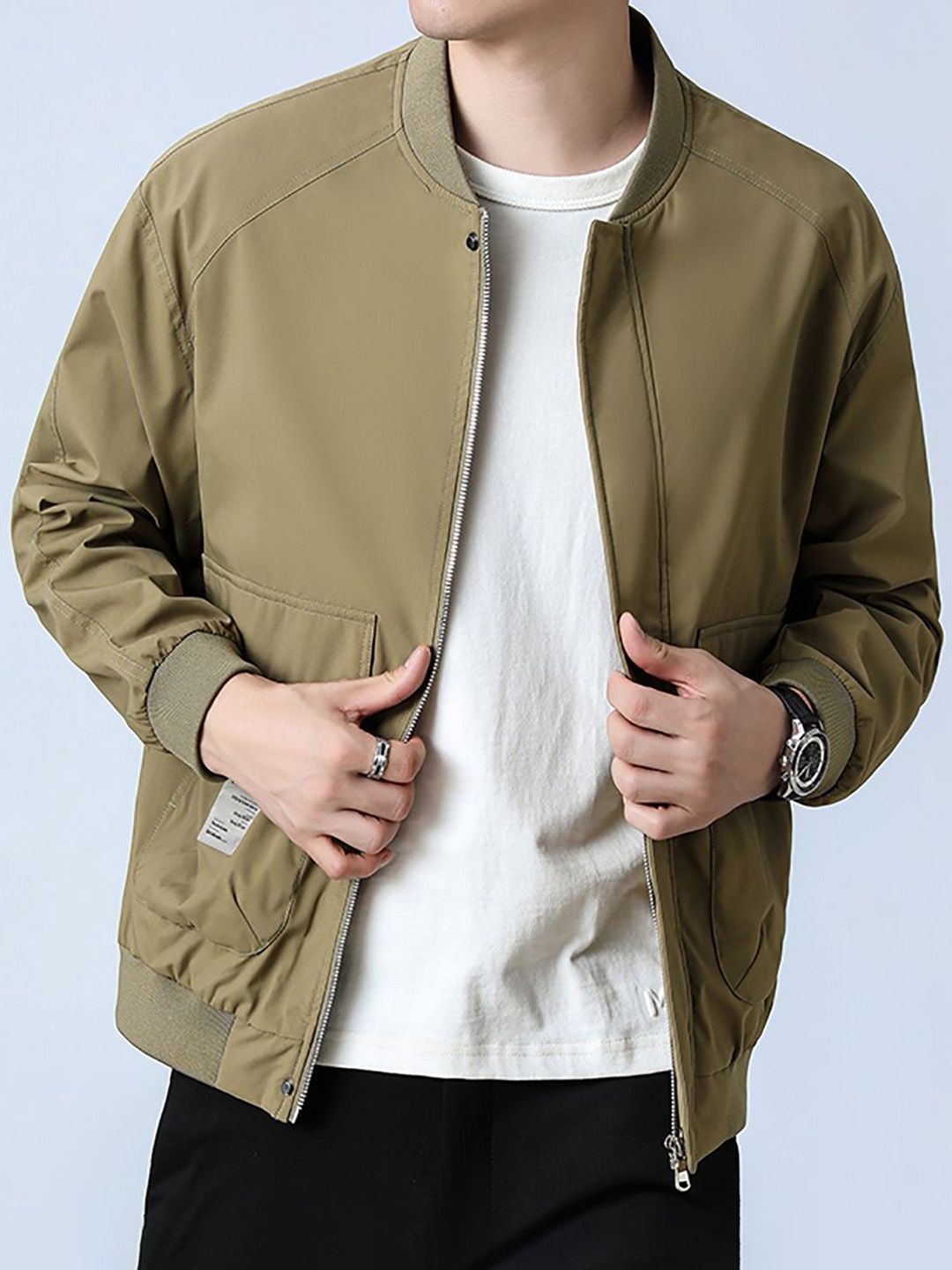 

StyleCast x Revolte Men Stand Collar Solid Casual Windcheater Jacket, Khaki