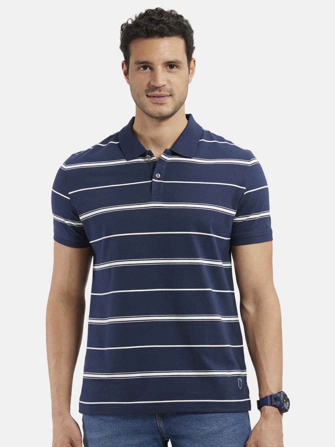 

Jockey Super Combed Cotton Rich Striped Half Sleeve Polo Tshirt-UM15, Navy blue