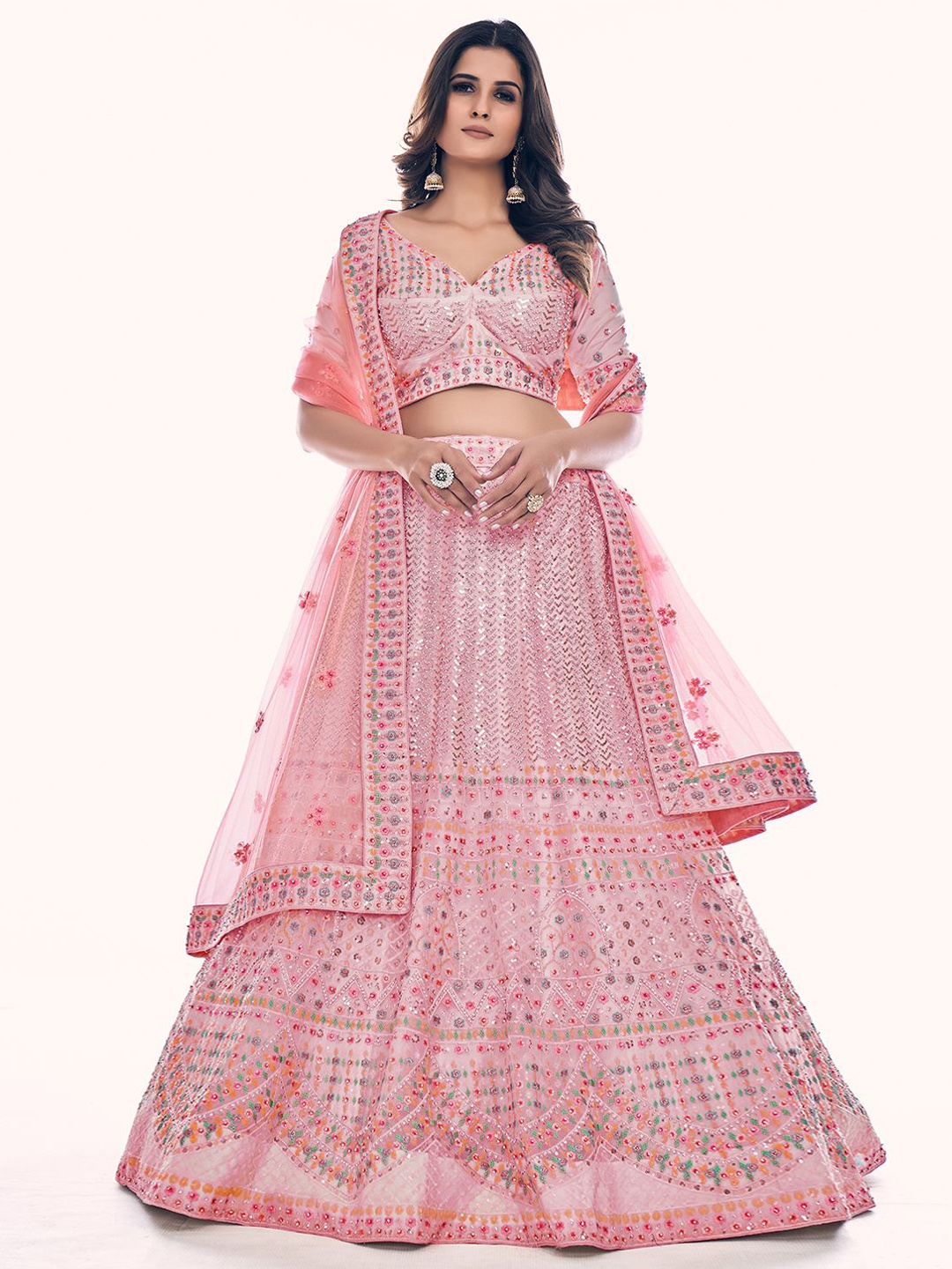 

ODETTE Embroidered Thread Work Semi-Stitched Lehenga & Blouse With Dupatta, Pink