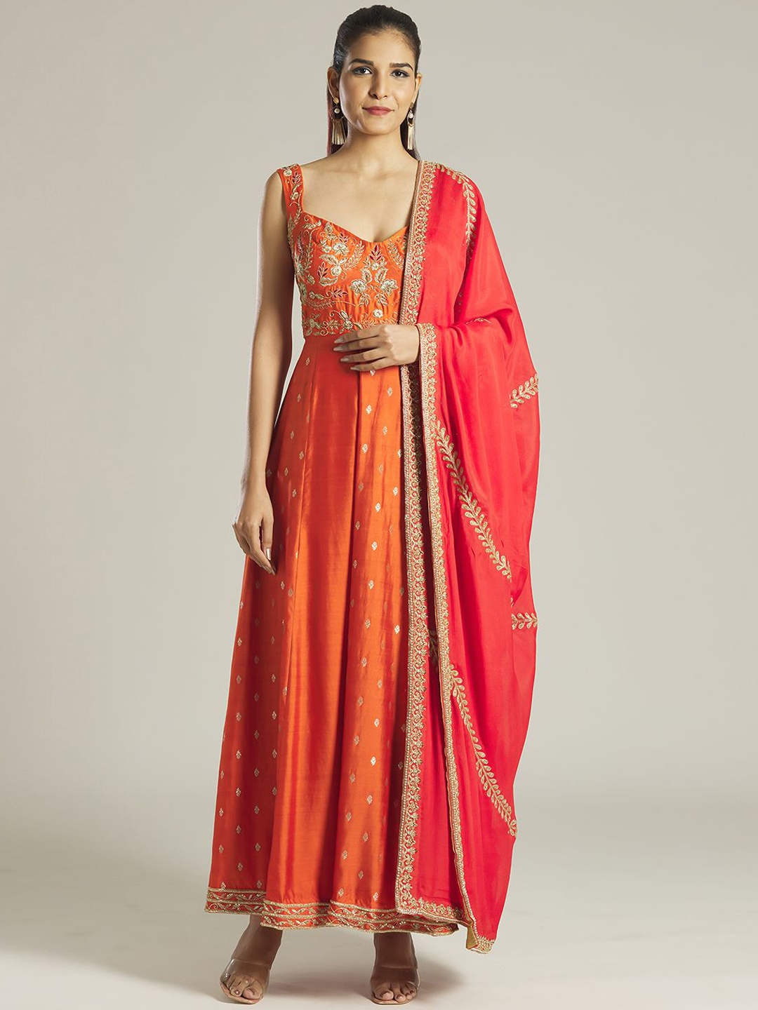 

Samyukta Singhani Floral Embroidered Fit and Flare Maxi Ethnic Dress With Dupatta, Orange
