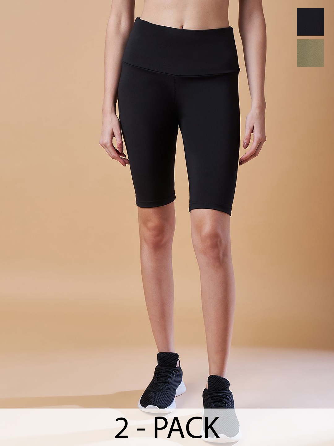 

COLOR CAPITAL Pack Of 2 Women Solid High Rise Above Knee Gym Tights, Black