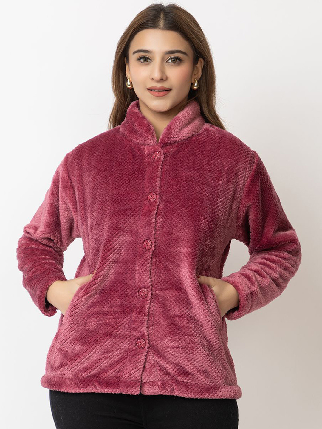 

LO G LO Women Stand Collar Self Design Casual Open Front Jacket, Fuchsia