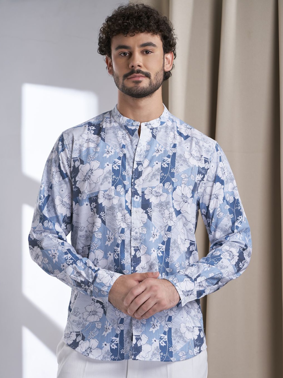 

VALEN CLUB Men India Slim Mandarin Collar Floral Printed Cotton Casual Shirt, Blue