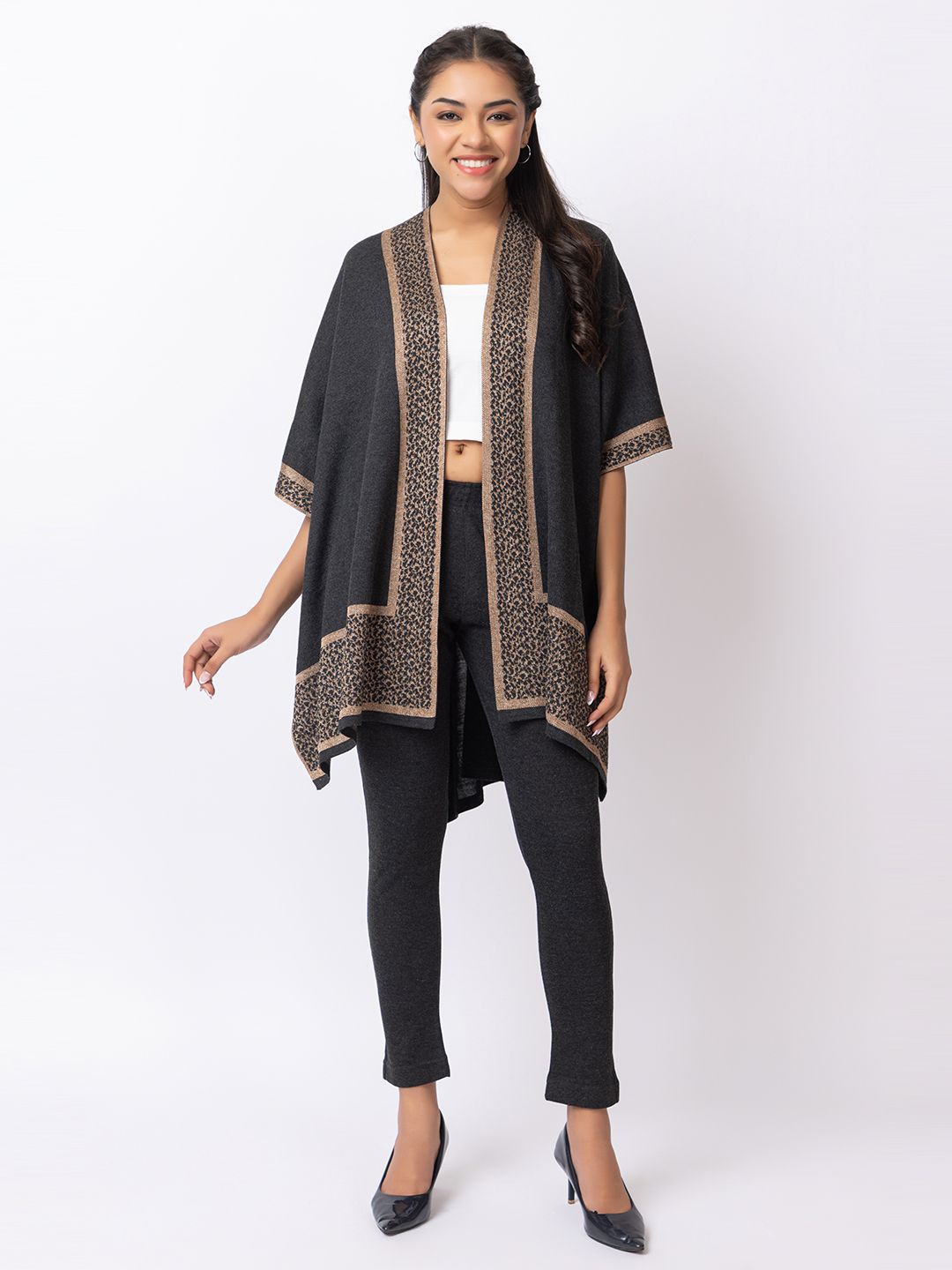 

KEIKO Women Self Design Shrug, Charcoal