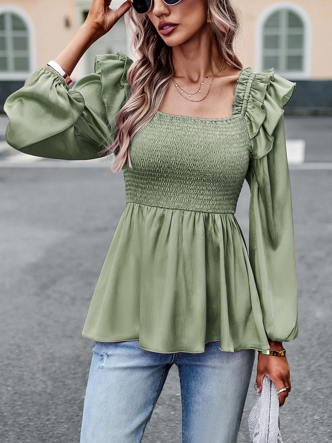 

StyleCast Women Solid Satin Square Neck Top, Green