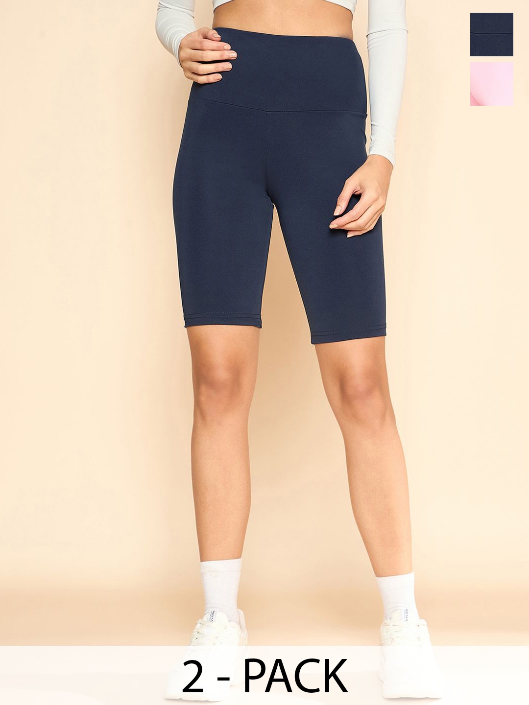 

COLOR CAPITAL Women Pack Of 2 Slim-Fit Above Knee-Length Cycling Tights, Navy blue