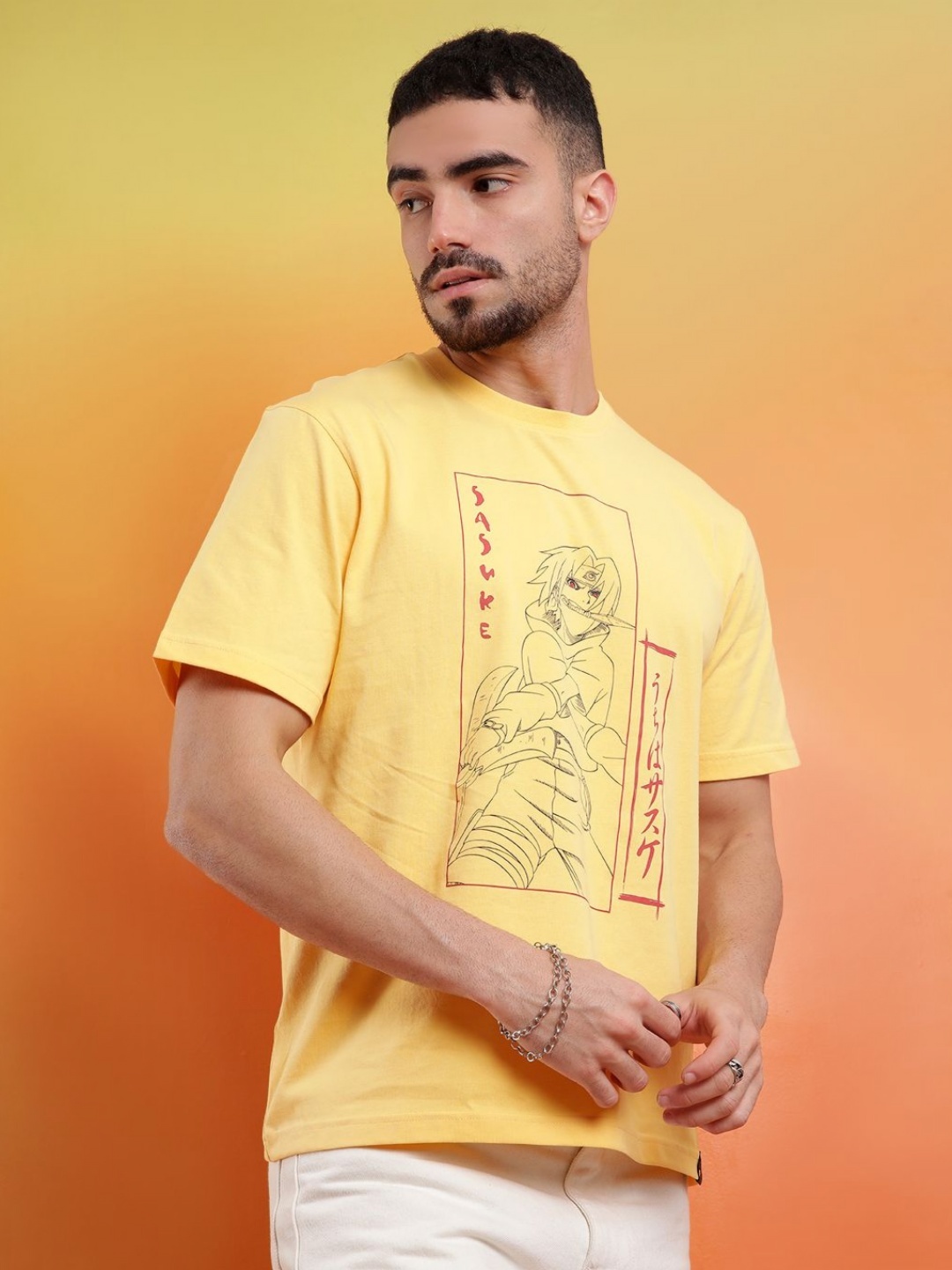 

WROGN Men Graphic Printed Round Neck Pure Cotton Relaxed Fit T-shirt, Yellow