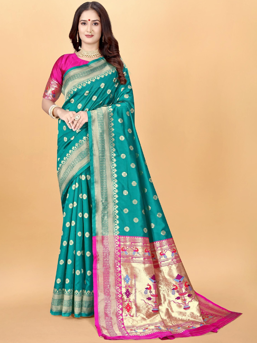 

VenderVilla Woven Design Silk Blend Paithani Saree, Turquoise blue