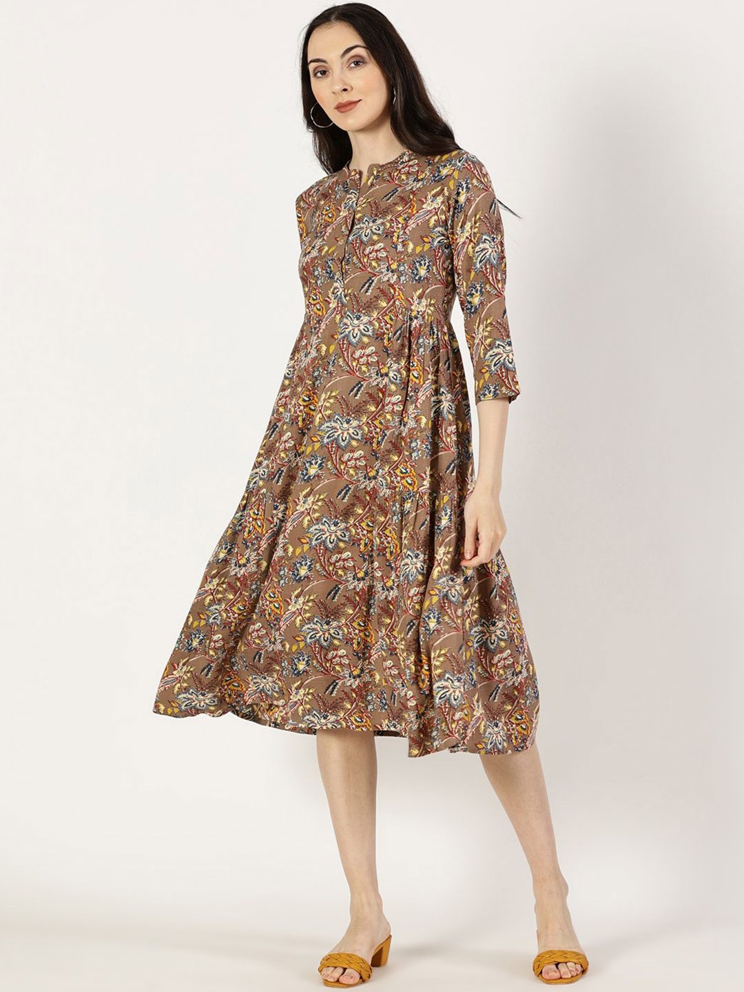 

Saffron Threads Floral Printed Fit & Flare Midi Dress, Brown