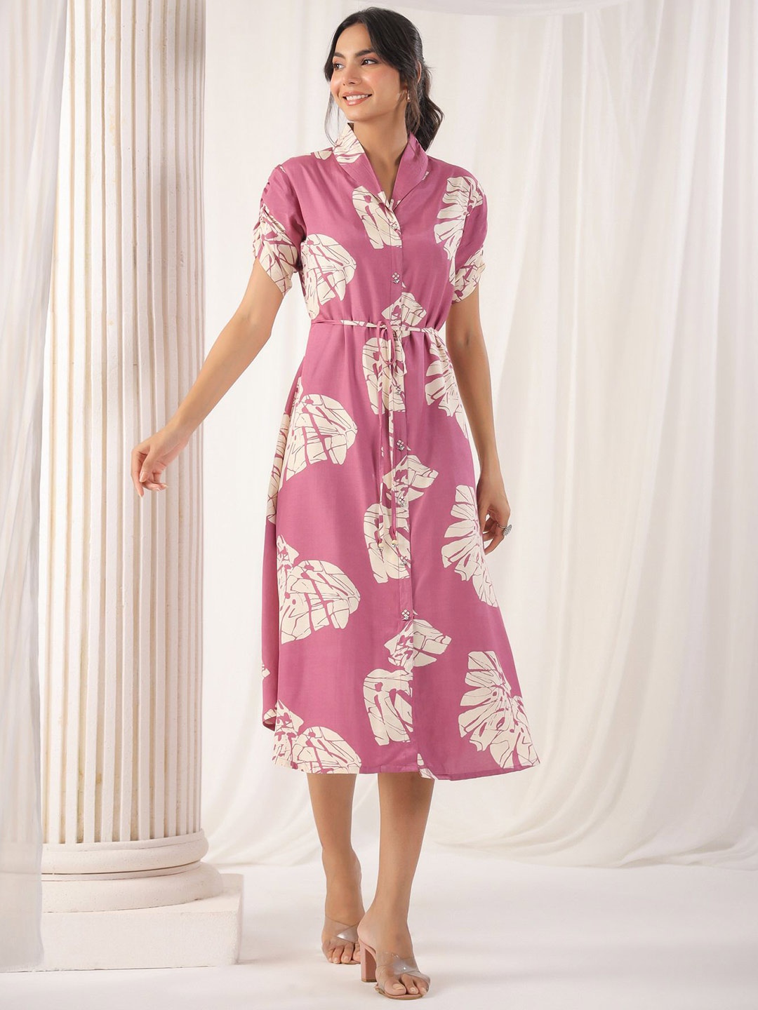 

JISORA Women Abstract Printed A-Line Knee Length Dress, Pink