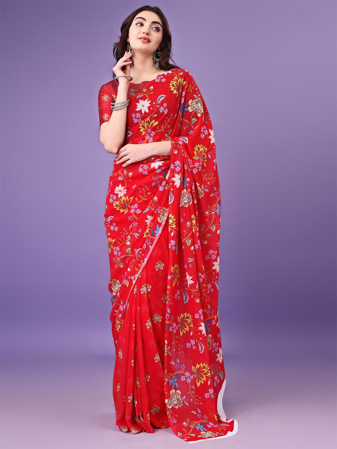 

P D Silk Mills Floral Printed Pure Georgette Saree, Red