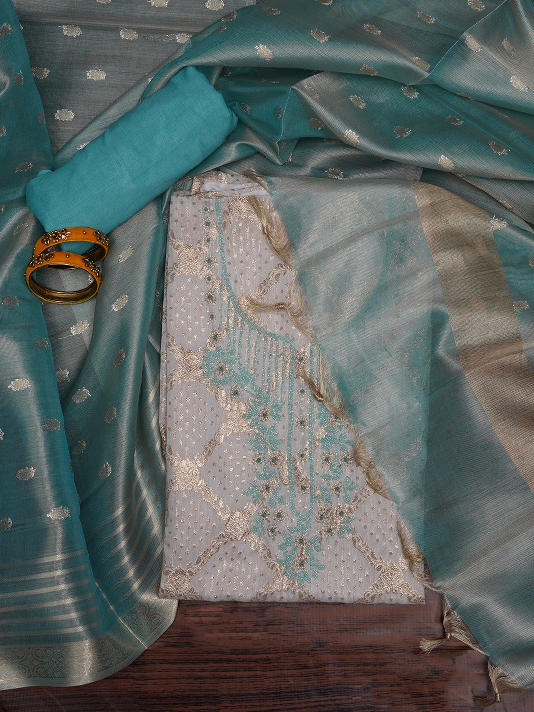 

Jaipur Kurti Women Zari Woven Cotton Blend Dress Material with Dupatta, White