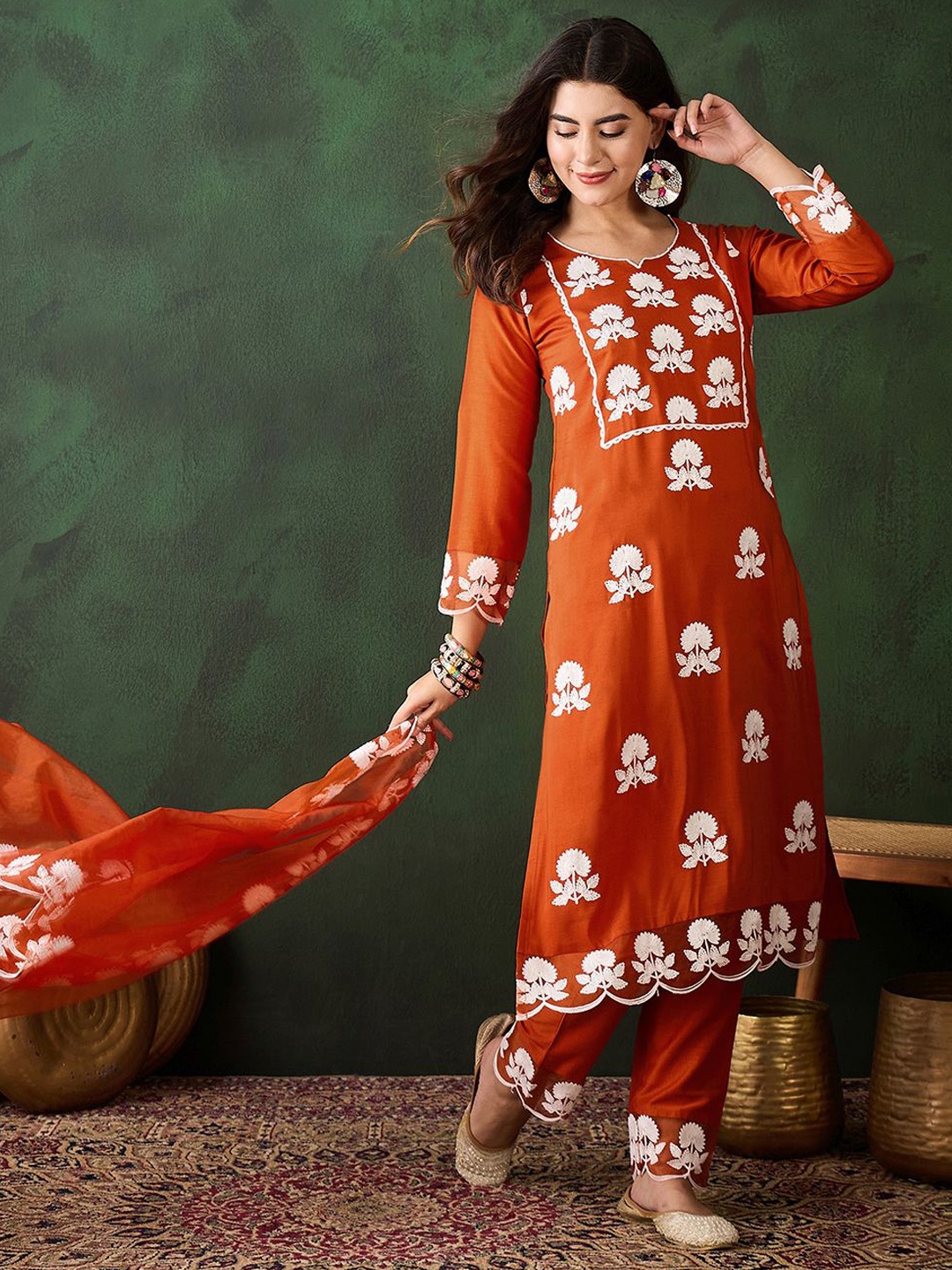 

Sangria Embroidered Thread Work Notch Neck Straight Kurta & Trousers With Dupatta, Orange