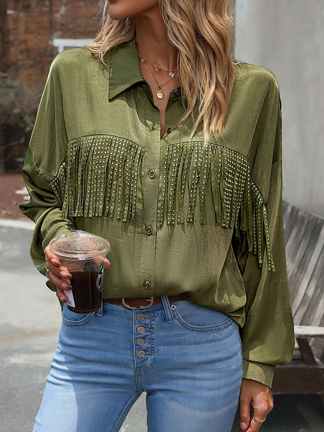 

StyleCast Women Spread Collar Solid Casual Shirt, Olive