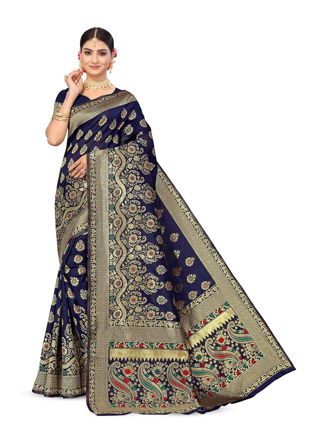 

Maroosh Floral Zari Silk Blend Banarasi Saree with unstitched blouse piece, Blue