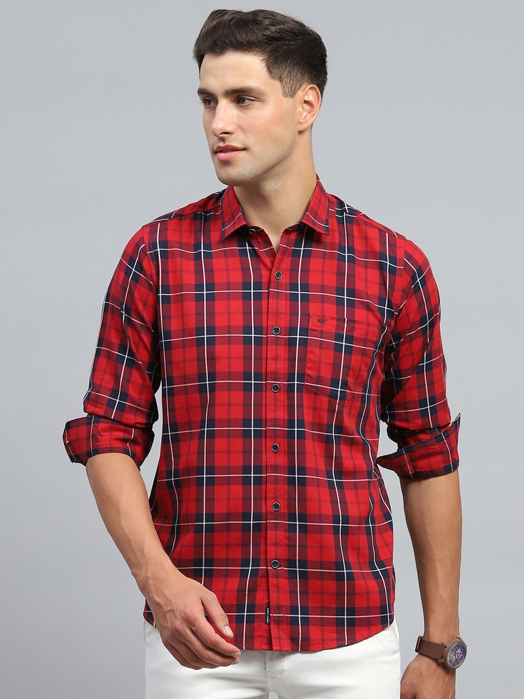 

Monte Carlo Men Spread Collar Tartan Checked Cotton Casual Shirt, Red