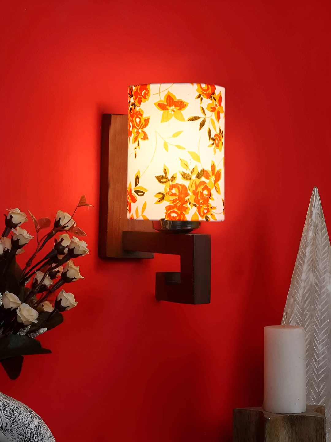 

Devansh White & Brown Floral Printed Cylinder Shaped Wooden Wall Lamp