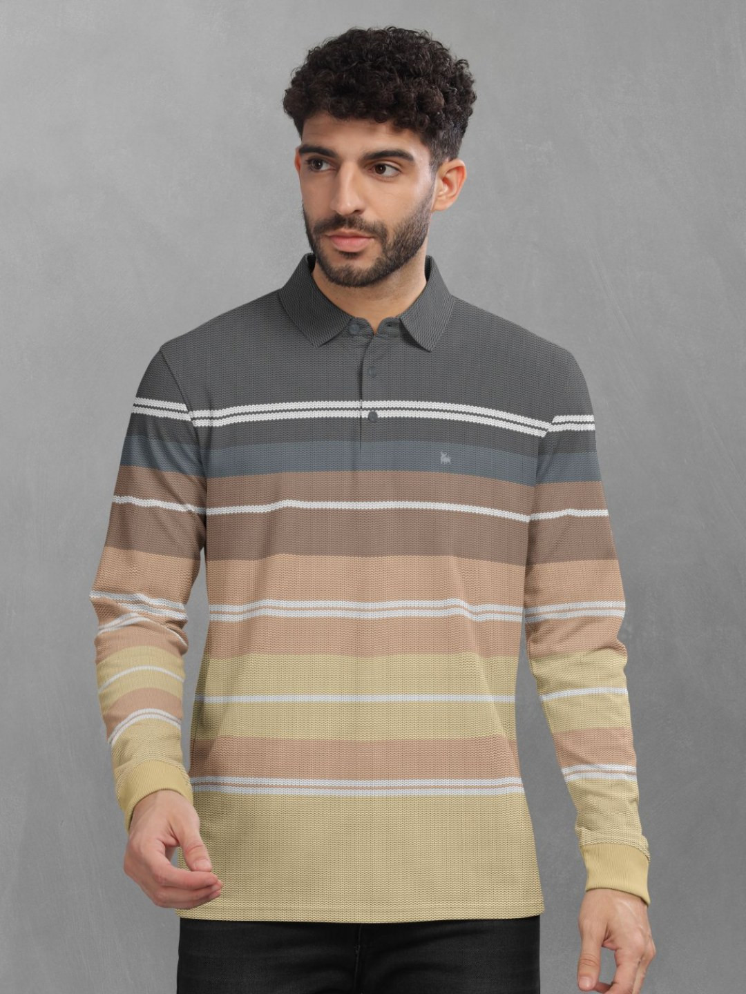 

BULLMER Men Striped Polo Collar Cotton T-shirt, Brown
