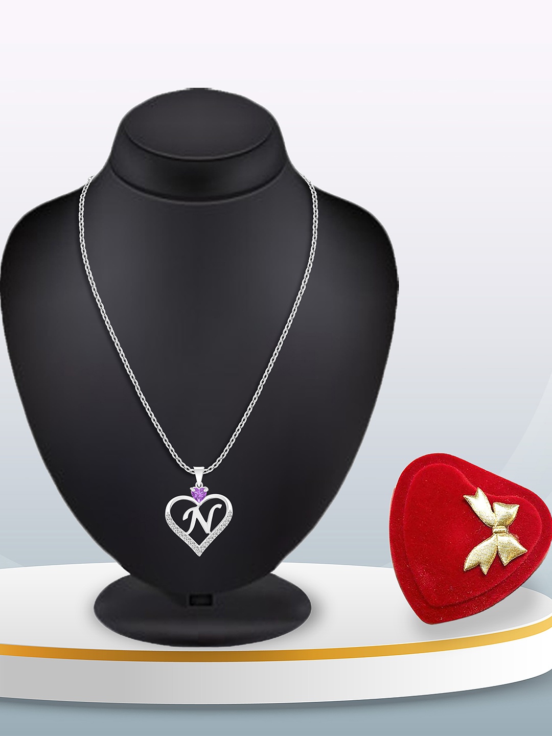 

Heer Collection Silver-Plated Stainless Steel CZ Alphabet N Heart Shaped Pendant & Chain