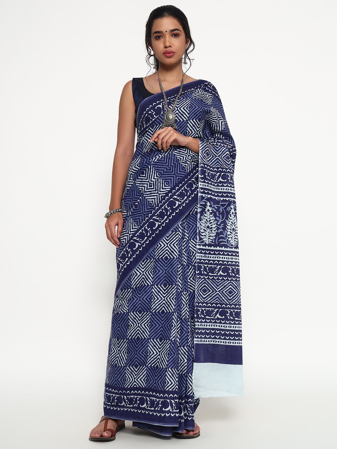 

ZARI Ethnic Motifs Pure Cotton Saree with unstitched blouse piece, Blue