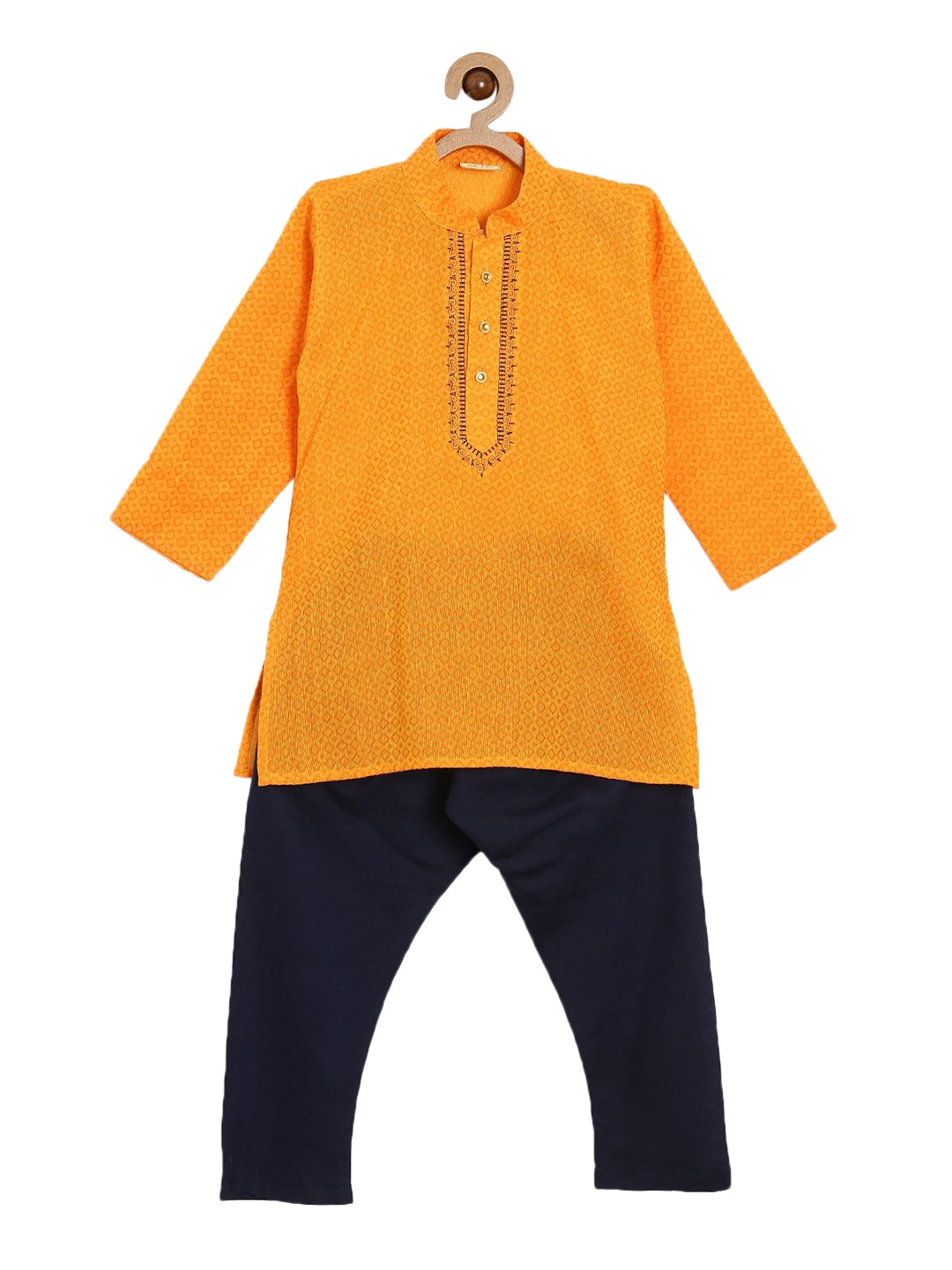 

NIRVAAN Boys Geometric Embroidered Thread Work Pure Cotton Kurta with Pyjama, Yellow