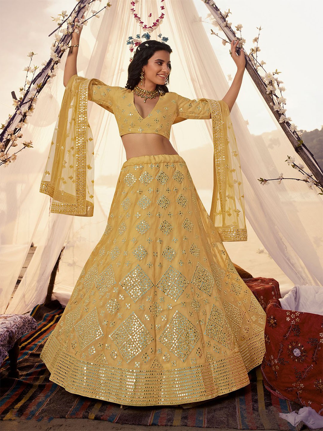 

ODETTE Floral Embroidered Semi-Stitched Lehenga & Blouse With Dupatta, Mustard