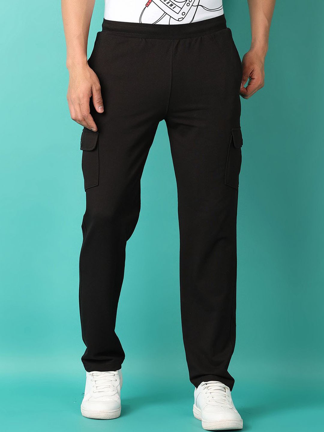 

V-Mart Men Cotton Mid-Rise Track Pants, Black