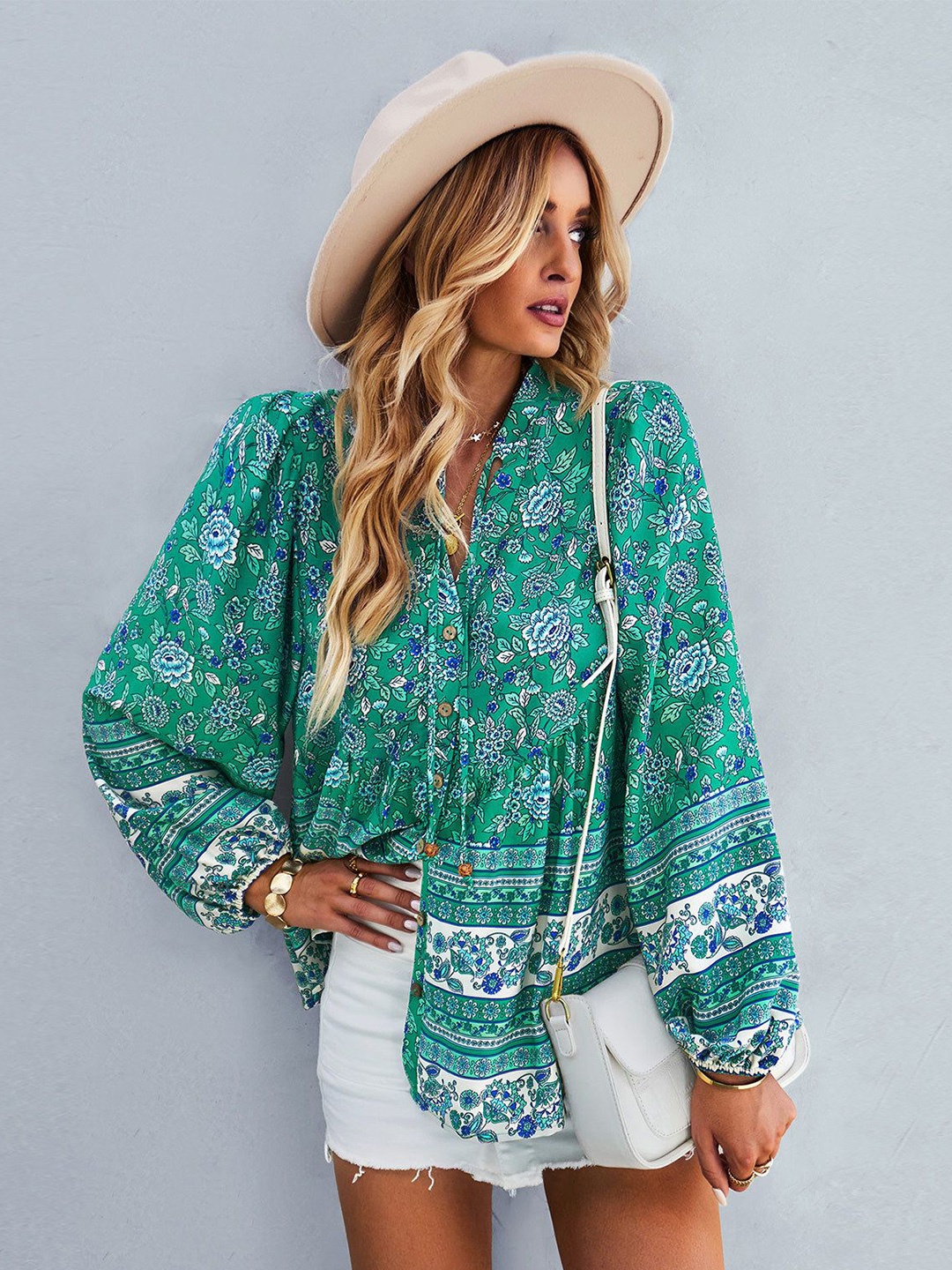 

StyleCast Women Floral Printed Tie-Up Neck Top, Green
