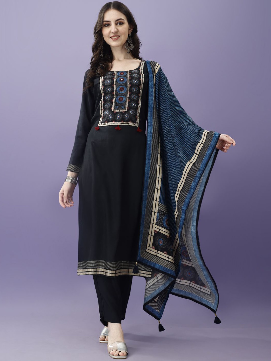 

KUNDAN FAB Geometric Printed Mirror Work Pure Cotton Kurta with Trousers & Dupatta, Navy blue