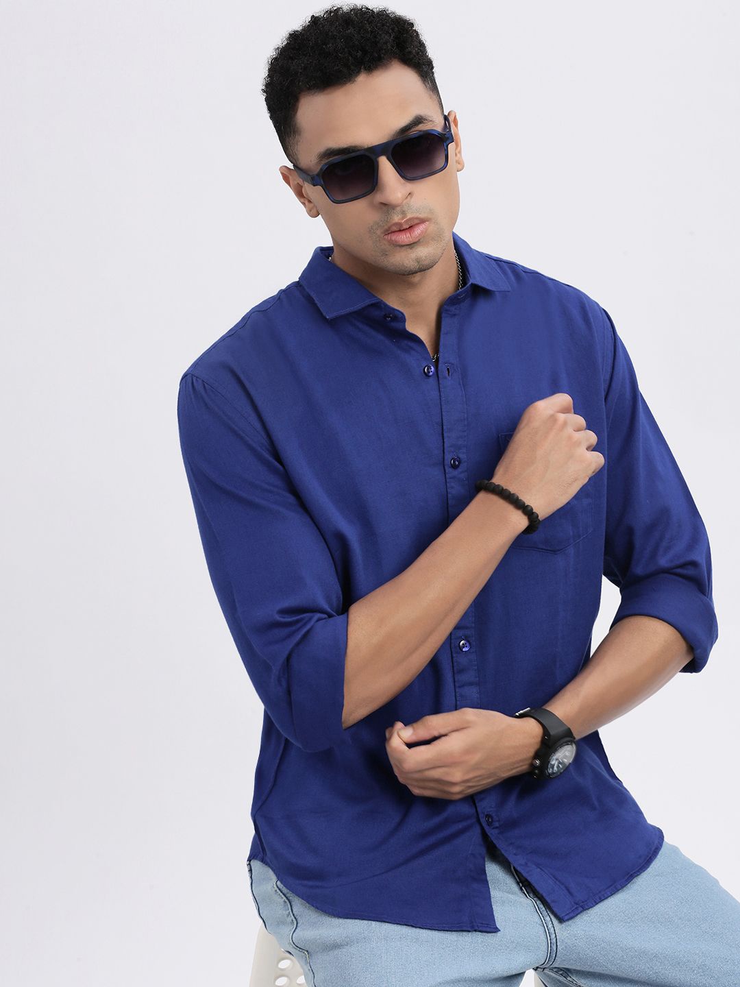 

SHOWOFF Men Premium Spread Collar Solid Linen Slim Fit Casual Shirt, Blue