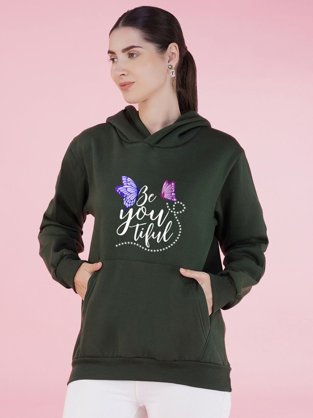 

NUSYL Women Typography Printed Hood Fleece Pullover Oversized Sweatshirt, Green