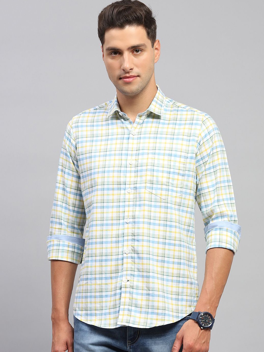 

Monte Carlo Men Spread Collar Tartan Checked Cotton Casual Shirt, Yellow