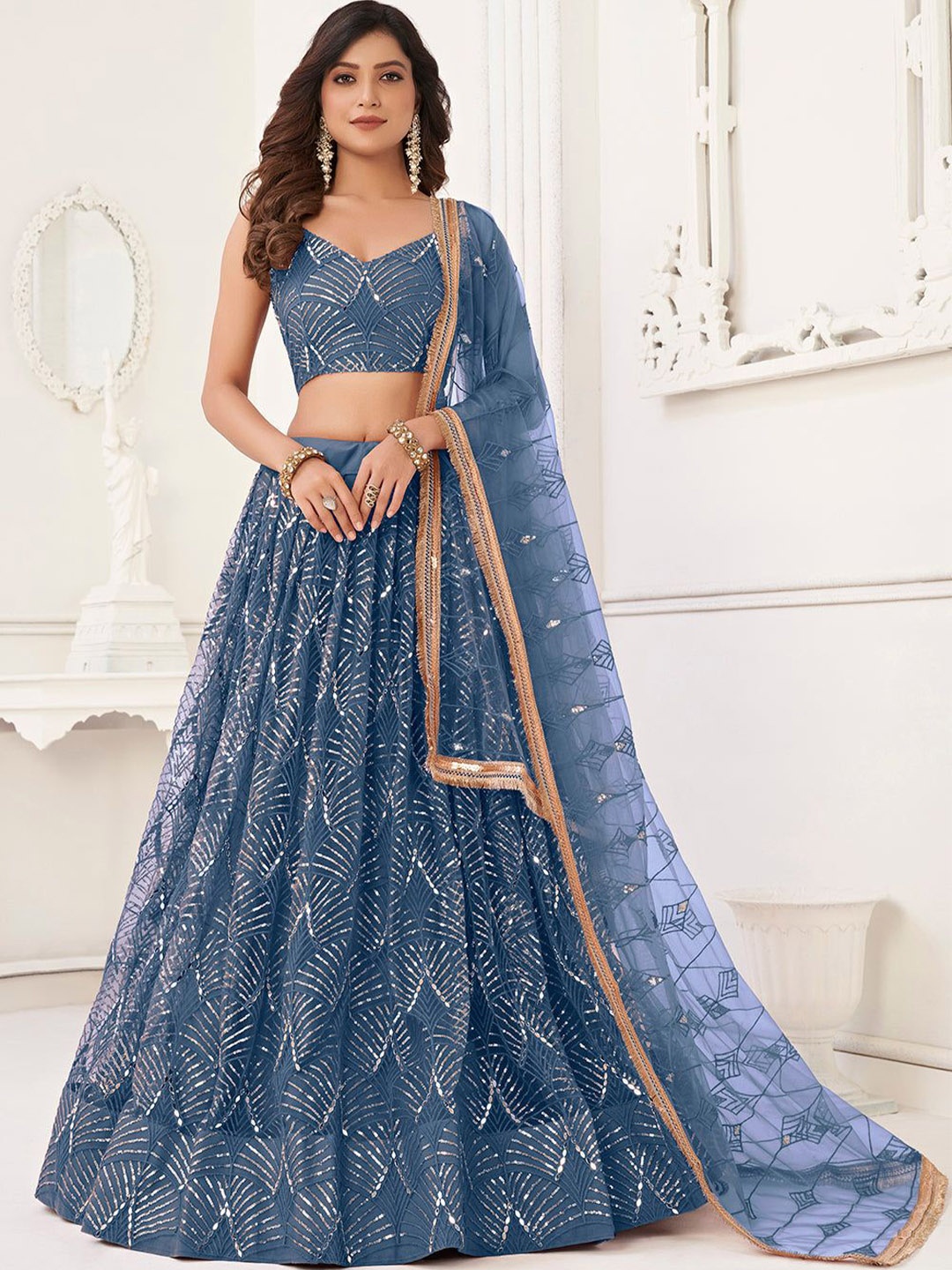 

JIHU CULTURE Embellished Sequinned Semi-Stitched Lehenga & Unstitched Blouse With Dupatta, Blue