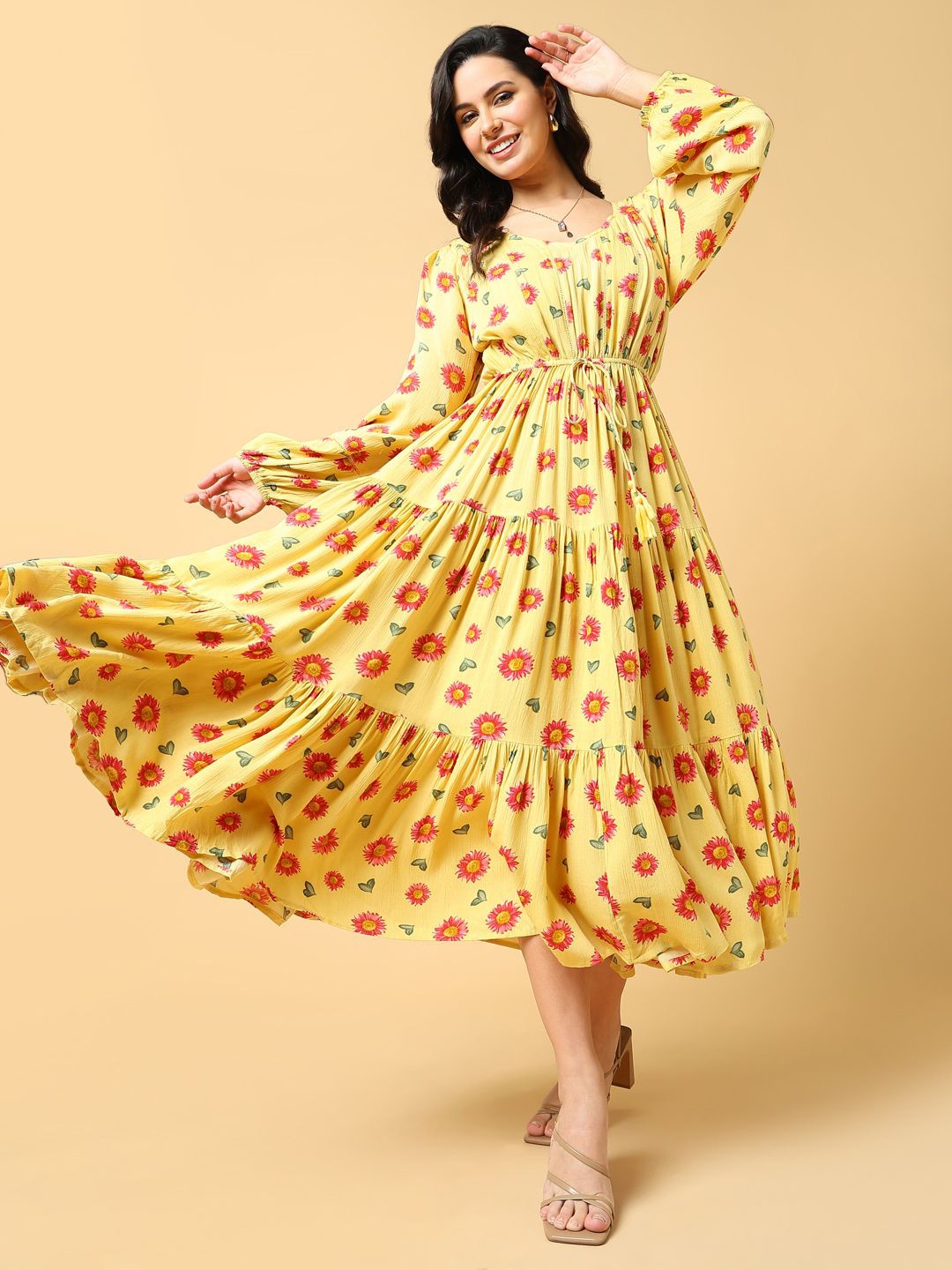 

SHOWOFF Women Floral Print Puff Sleeve Crepe Fit & Flare Midi Dress, Yellow