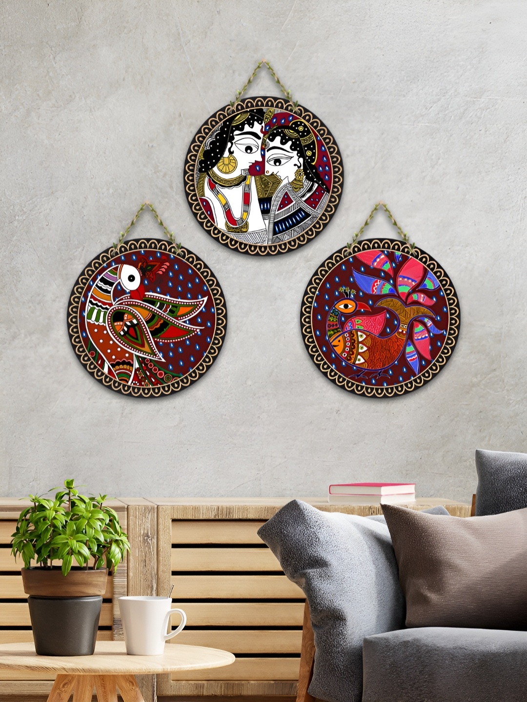

ArtVibes Blue & Red 3 Pieces Madhubani Art Wooden Wall Hangings