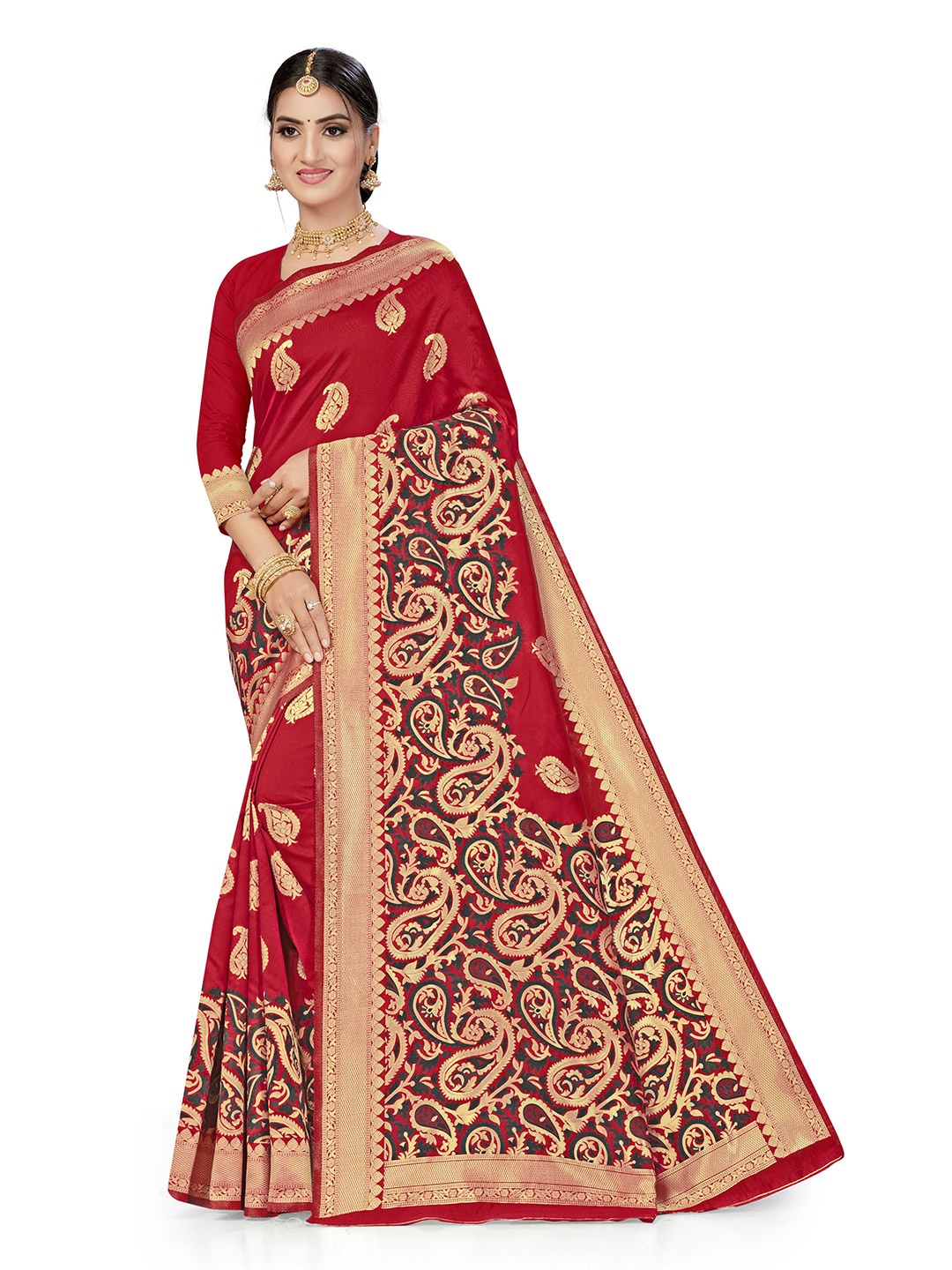 

Maroosh Paisley Zari Silk Blend Banarasi Saree, Red