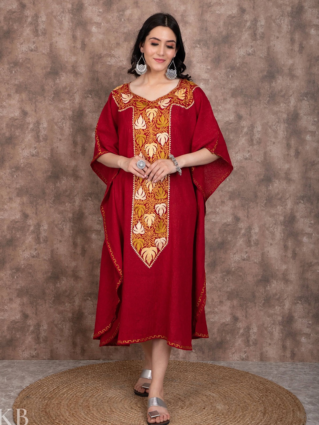 

Kashmir Box Floral Embroidered Kimono Sleeve Kaftan Midi Dress, Maroon