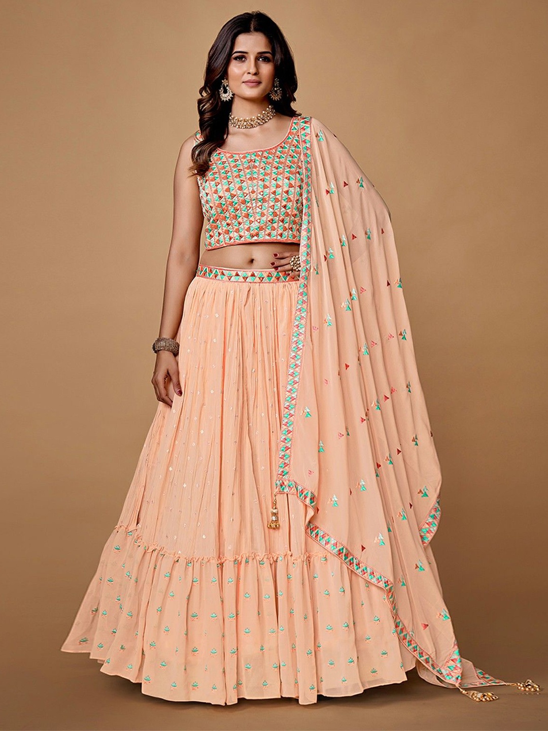 

ODETTE Embroidered Ready to Wear Lehenga & Blouse With Dupatta, Peach