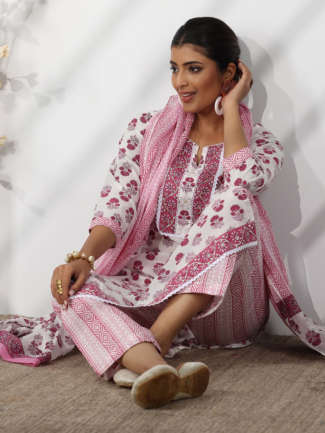 

Libas Floral Printed Mirror Work Pure Cotton Straight Kurta With Palazzos & Dupatta, Off white