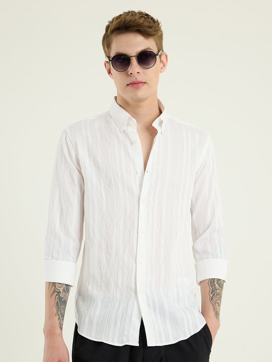 

Snitch Men Smart Button-Down Collar Solid Cotton Casual Shirt, White