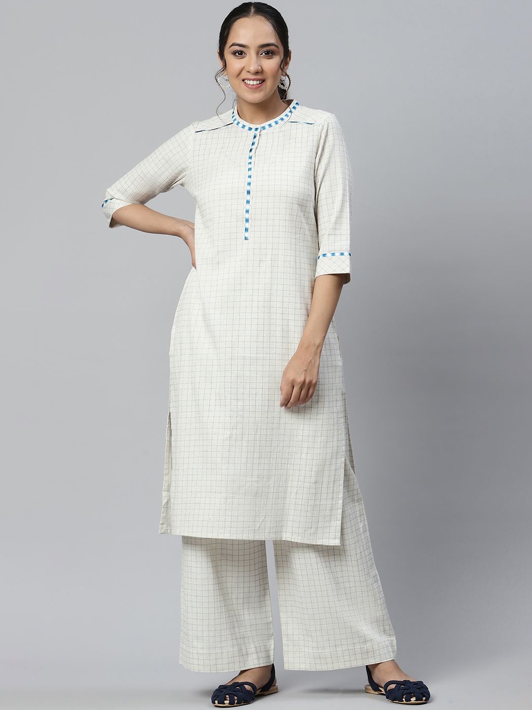 

AURELIA Checked Thread Work Mandarin Collar Straight Kurta with Palazzo, Beige