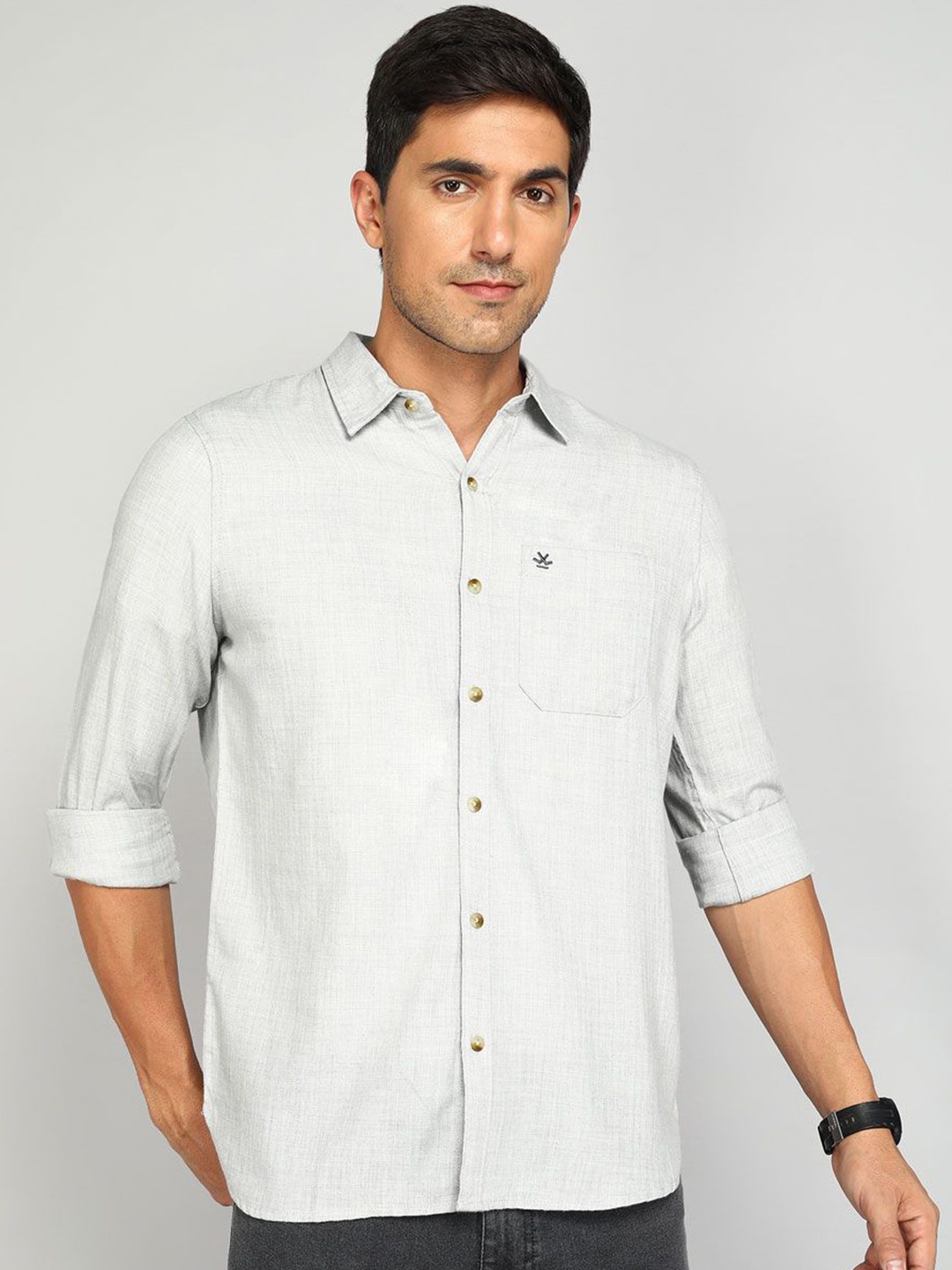 

WROGN Men Spread Collar Solid Cotton Casual Shirt, Grey