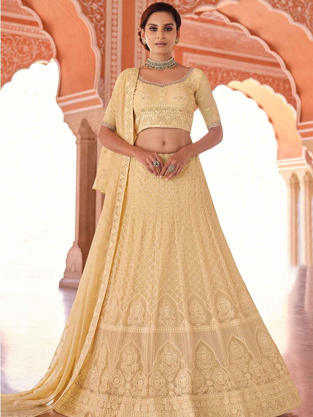 

ODETTE Floral Embroidered Semi-Stitched Lehenga & Blouse With Dupatta, Cream