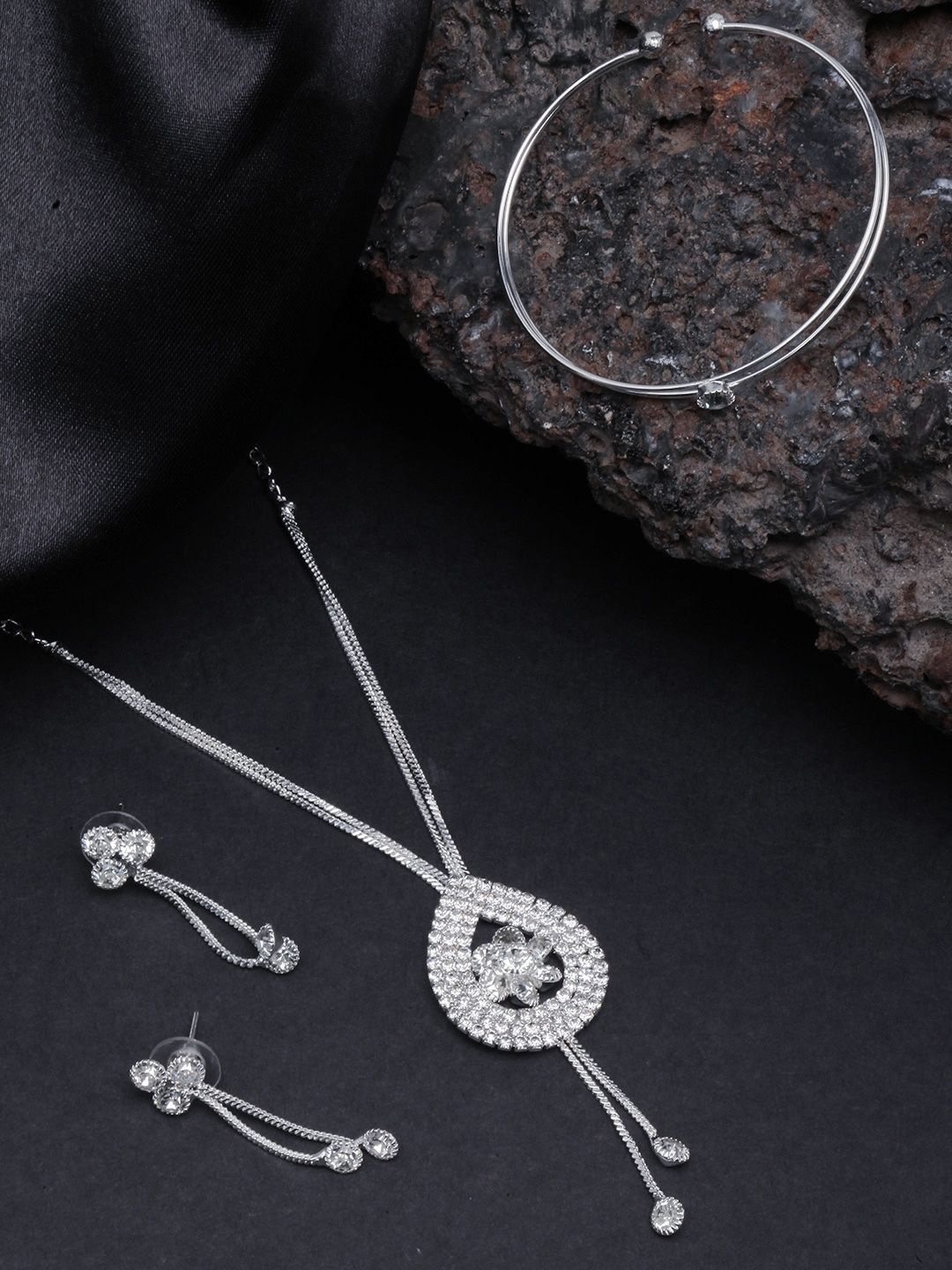 

KPOP Silver Plated CZ Studded Necklace & Earrings With Bracelet