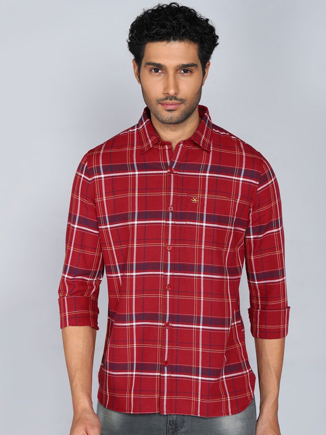 

WROGN Men Spread Collar Windowpane Checked Cotton Casual Shirt, Red