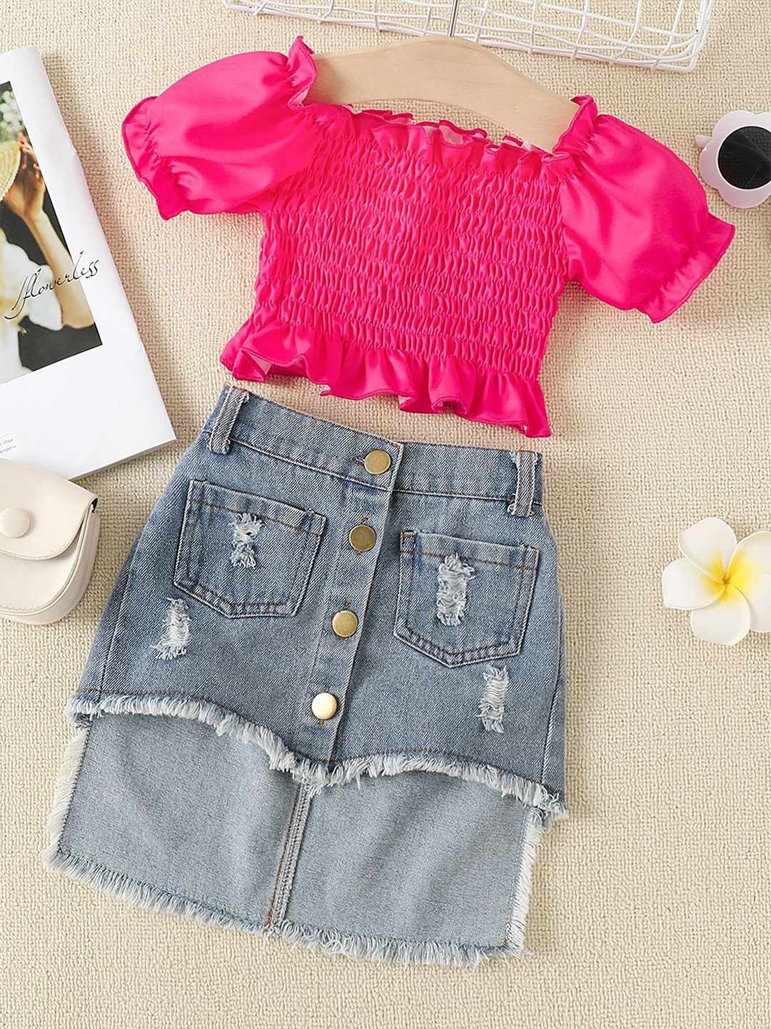 

LULU & SKY Girls Smocked Top with High-low Denim Skirt, Fuchsia